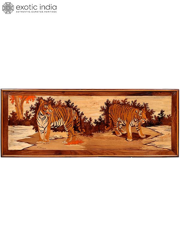 Two Tigers in Forest | Natural Color on Wood Panel with Inlay Work