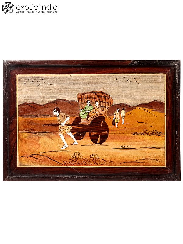 18" Hand Pulled Rickshaw | Natural Color on Wood Panel with Inlay Wor