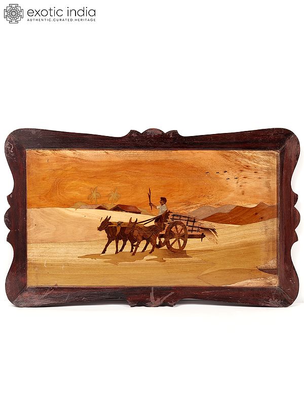 20" Loaded Bullock Cart | Natural Color On Wood Panel With Inlay Work