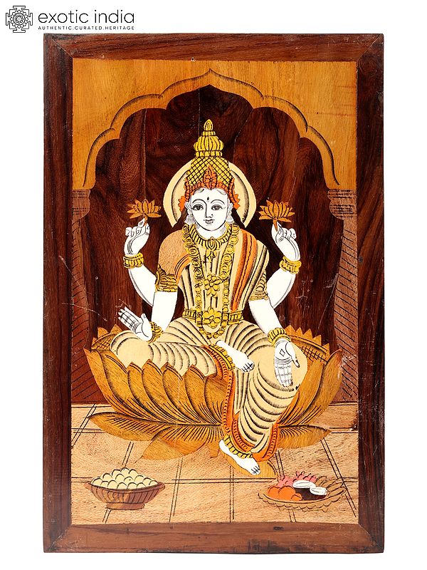 18" Goddess Lakshmi Seated on Lotus | Natural Color on Wood Panel with Inlay Work