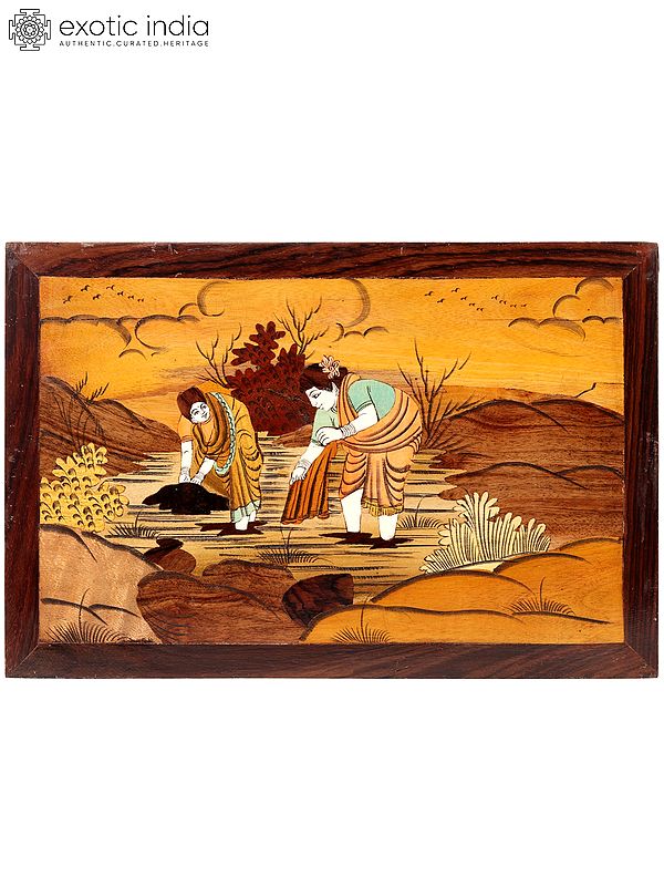 18" Working Women - Rural Life | Natural Color on Wood Panel with Inlay Work