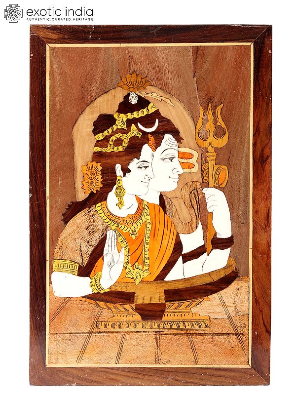 18" Shiva and Parvati United near Shivalinga | Natural Color on Wood Panel with Inlay Work
