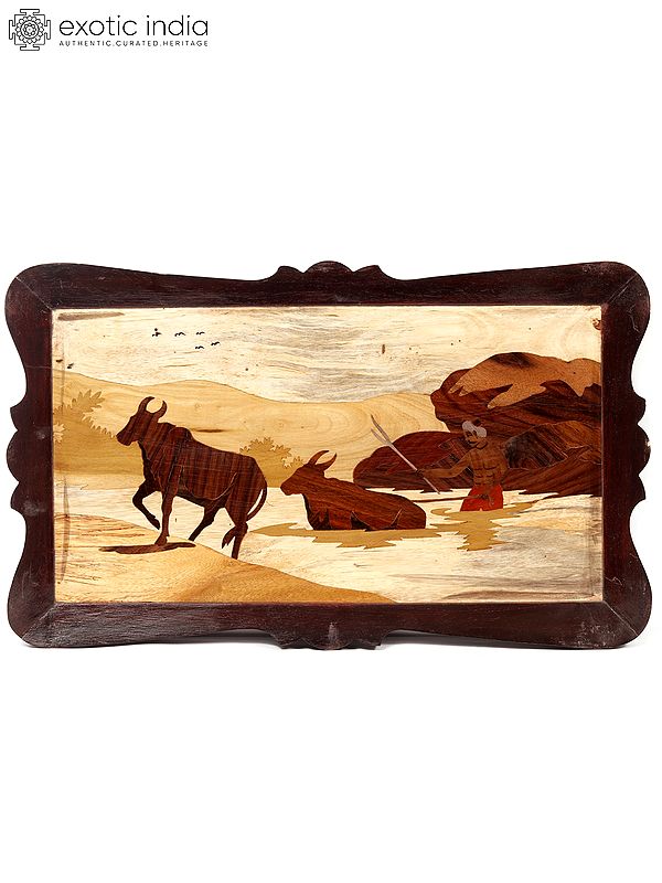 20" Farmer Bathing The Cows | Natural Color On Wood Panel With Inlay Work