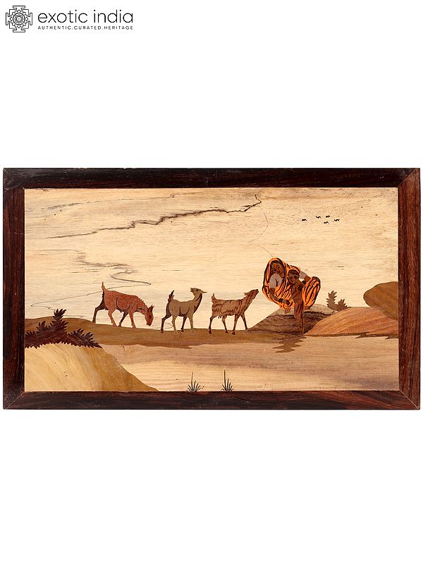 19" Beautiful Goats in Village | Natural Color on Wood Panel with Inlay Work