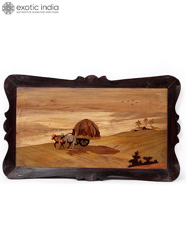 20" Bullock Cart Drive In Village | Natural Color On Wood Panel With Inlay Work
