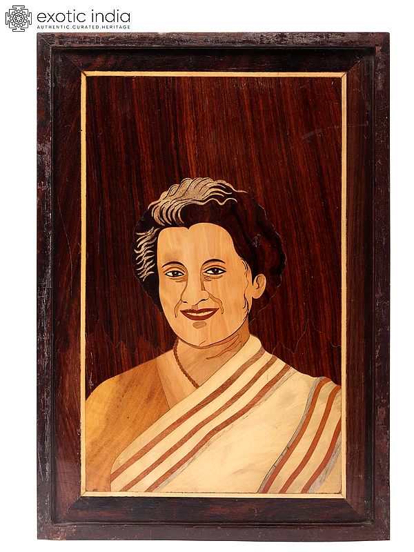 15" Beautful Portrait Of Indira Gandhi | Natural Color On Wood Panel With Inlay Work