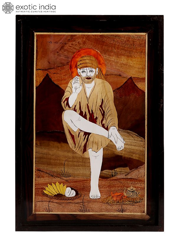 18" Blessing Sai Baba | Natural Color on Wood Panel with Inlay Work