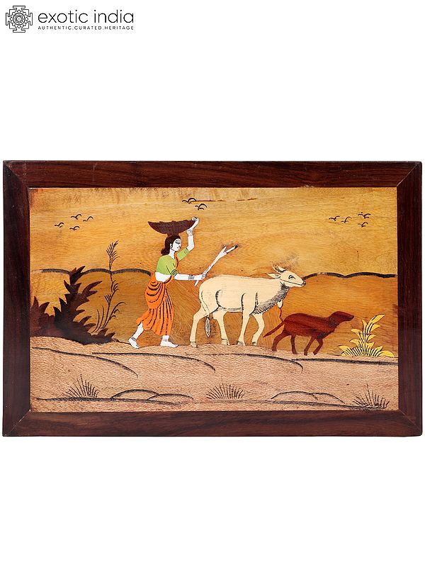 15" Cowherding Lady | Natural Color on Wood Panel with Inlay Work
