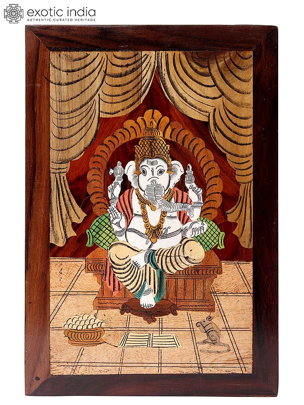 15" Sitting Lord Ganesha on Asana | Natural Color on Wood Panel with Inlay Work