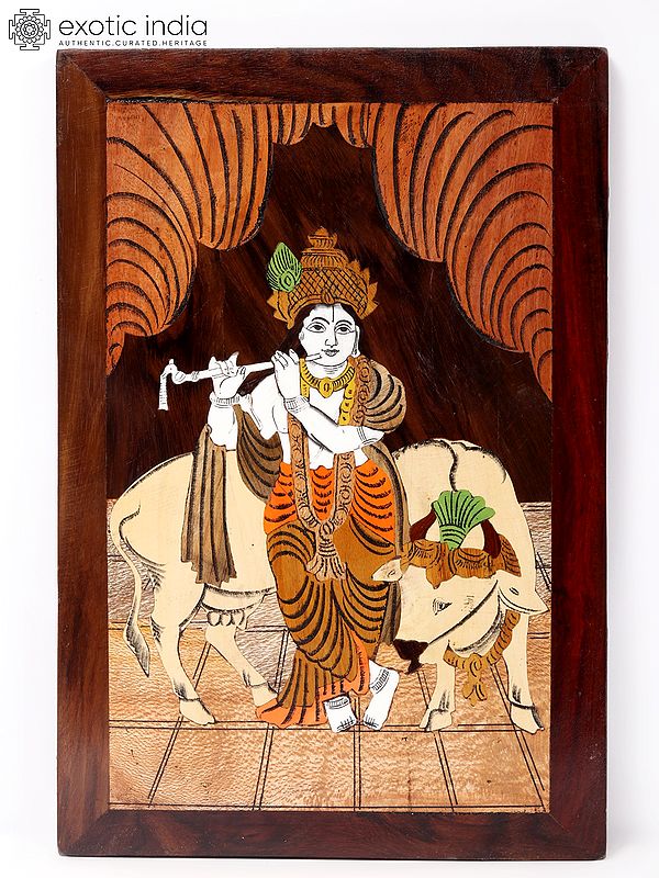 15" Divine Murlidhar Krishna | Natural Color On Wood Panel With Inlay Work