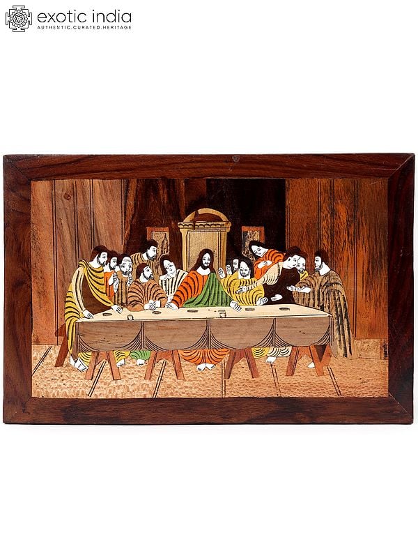 15" The Last Supper with Jesus and Devotees | Natural Color on Wood Panel with Inlay Work