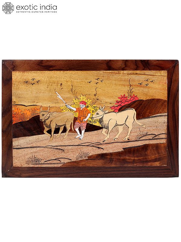 15" A Working Farmer With Cows | Natural Color On Wood Panel With Inlay Work