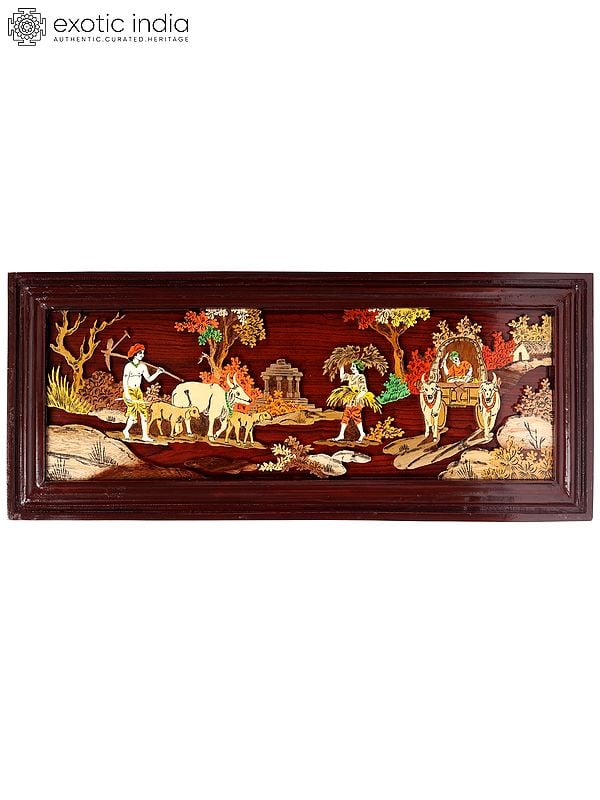 30" Village View - Working Farmers | 3D Wood Panel with Inlay Work