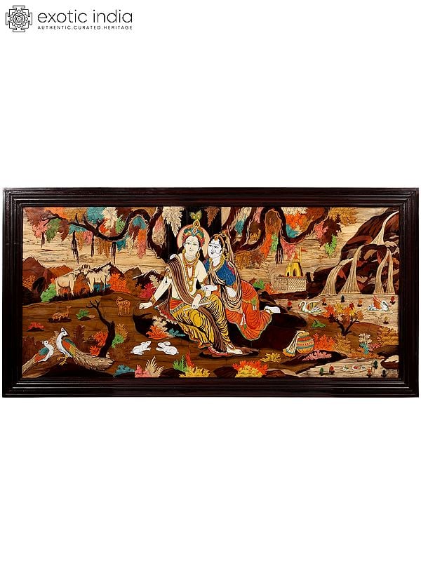 72" Large River Side Seated Radha Krishna | 3D Art Wood Panel with Inlay Work
