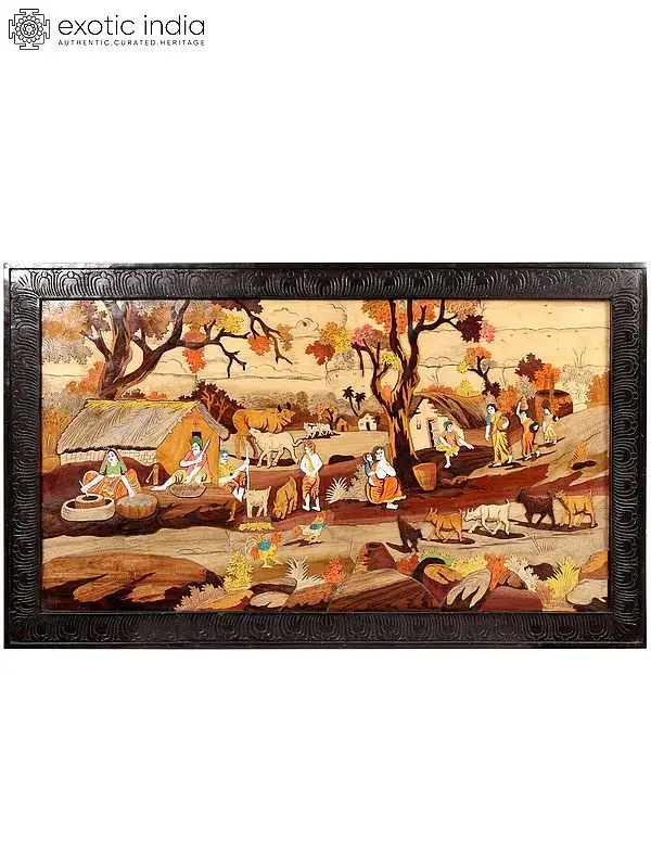 60" Working Villager 3D Wall Wood Panel | with Inlay Work