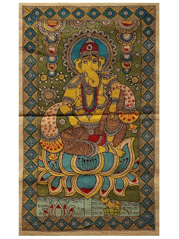 Seated Ganesha On Lotus | Kalamkari Painting On Cotton