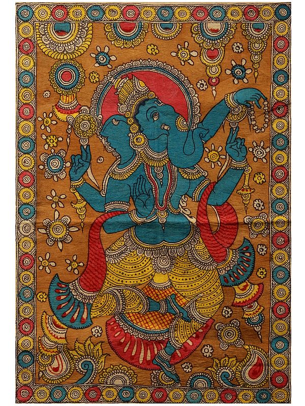 Blue Dancing Ganesha | Kalamkari Painting On Cotton