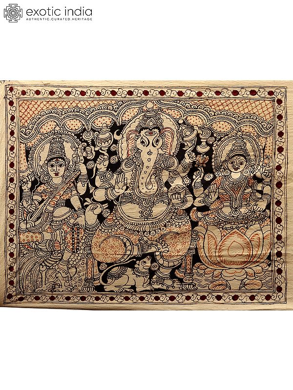 Ganesha, Lakshmi and Saraswati | Kalamkari Painting on Cotton