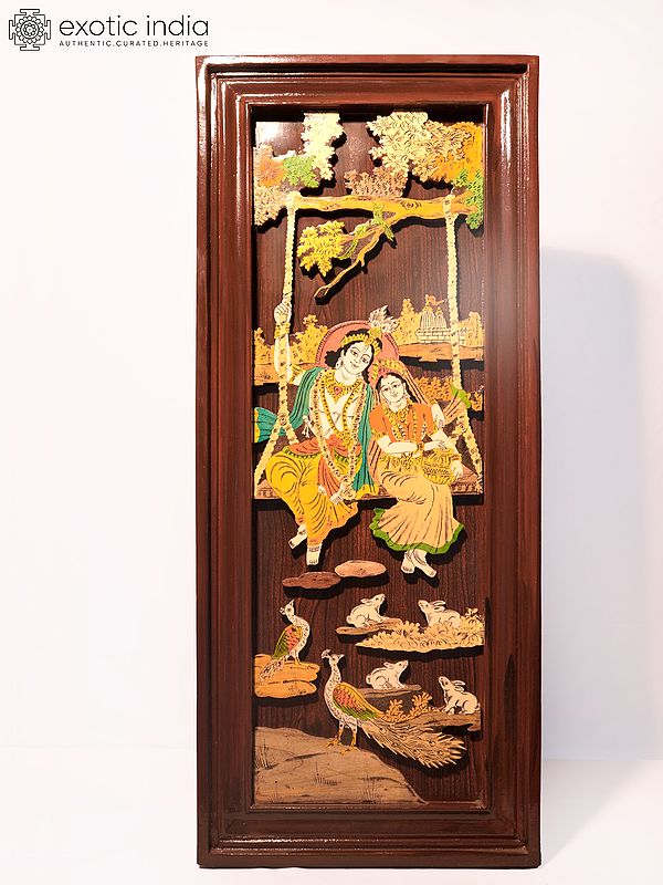 31" Radha And Krishna Swinging | Natural Color On 3D Wood Painting With Inlay Work