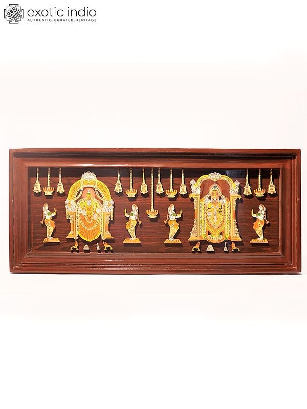 31" Lord Balaji With Goddess Padmavati | Natural Color On 3D Wood Painting With Inlay Work
