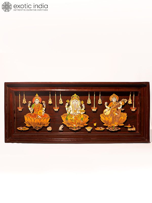 31" Seated Lakshmi, Ganesha And Saraswati | Natural Color On 3D Wood Painting With Inlay Work