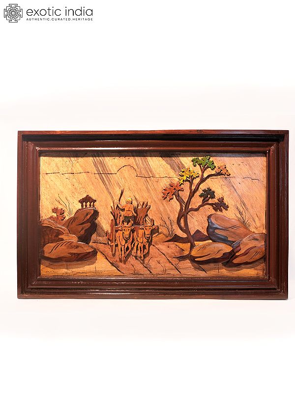 31" The Running Bullock Cart | Natural Color On 3D Wood Painting With Inlay Work