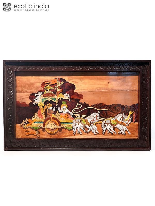 31" Arjun And Krishna On Chariot | Natural Color On 3D Wood Painting With Inlay Work