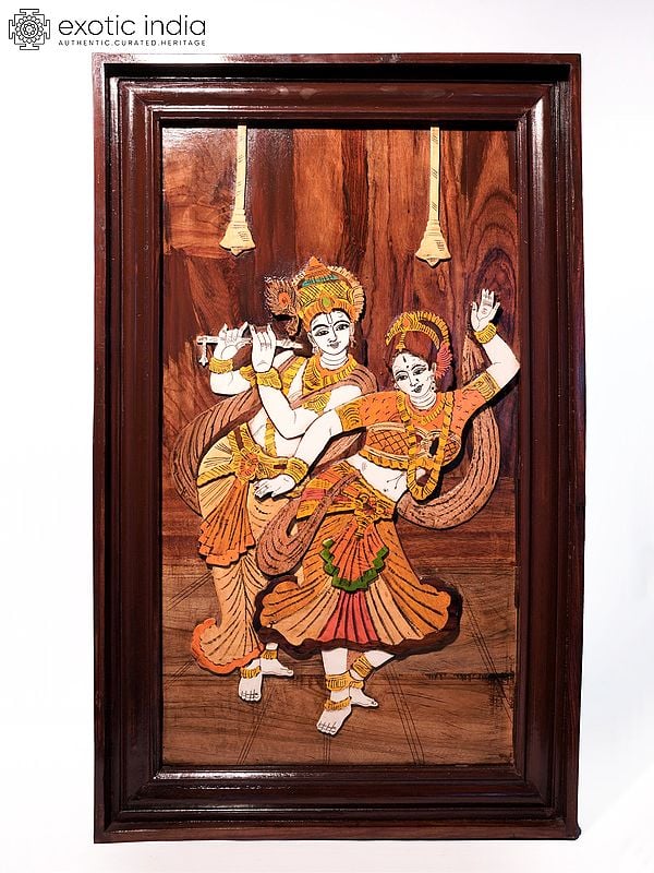 31" Dancing Radha - Krishna For Wall | Natural Color On Wood Panel With Inlay Work