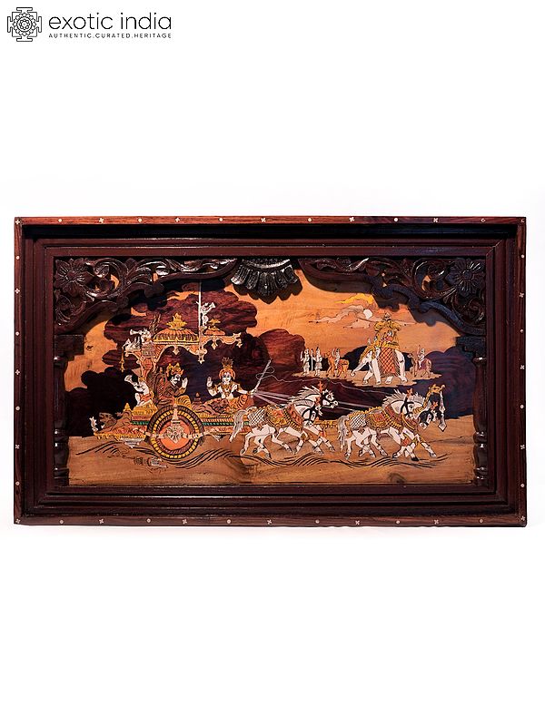 31" The Mahabharat View - Lord Krishna | Natural Color On Wood Panel With Inlay Work