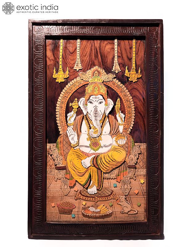 31" Seated Lord Ganapti | Natural Color On 3D Wood Painting With Inlay Work