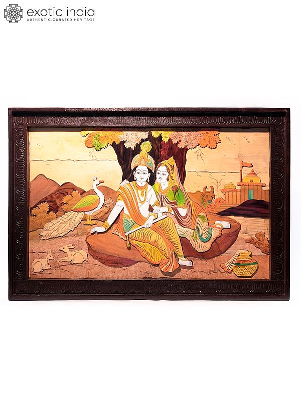 36" Beautiful Radha And Krishna Under The Tree | Natural Color On 3D Wood Painting With Inlay Work