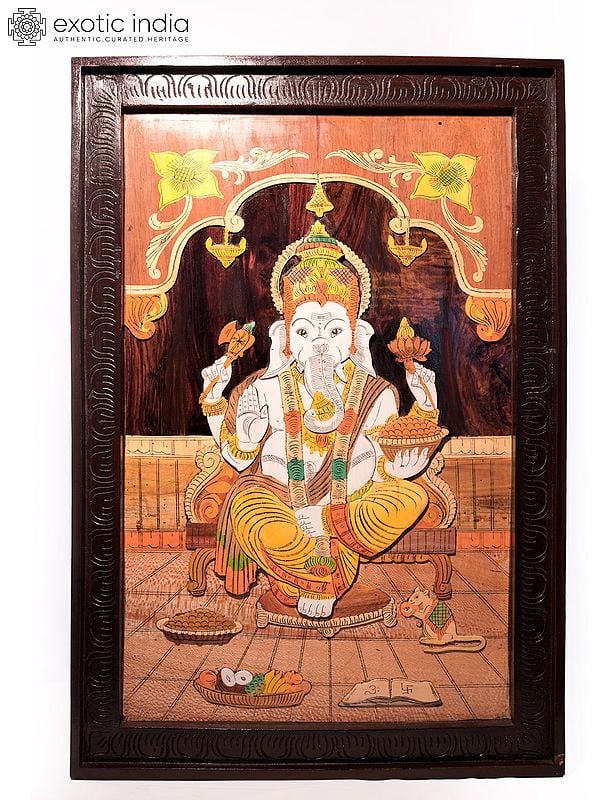36" Beautiful Siddhivinayaka Ganapati | Natural Color On 3D Wood Painting With Inlay Work
