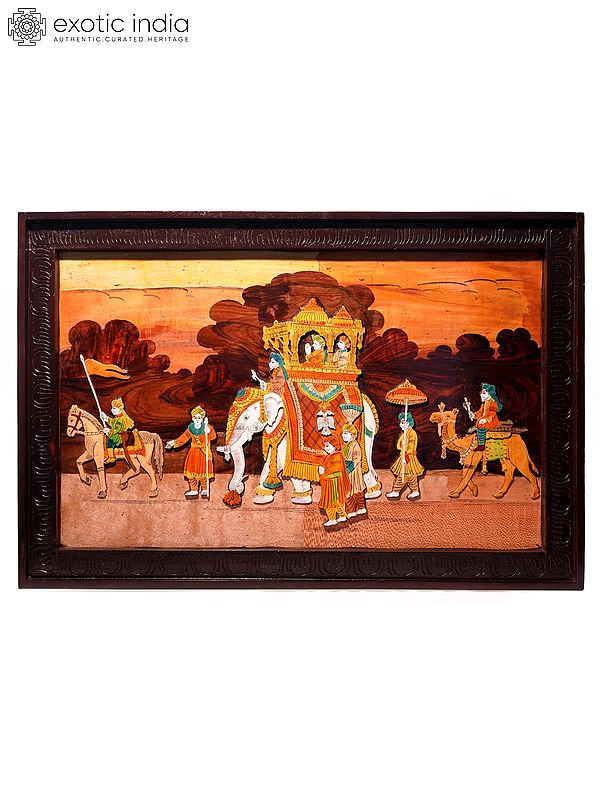 36" King's Royal Ride With Army | Natural Color On 3D Wood Painting With Inlay Work