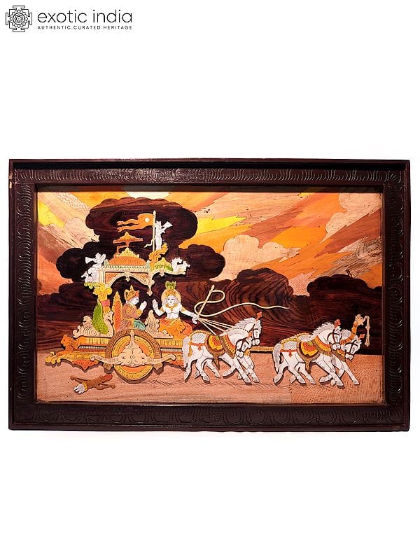 36" Lord Krishna Preaching Geeta To Arjuna | Natural Color On 3D Wood Painting With Inlay Work