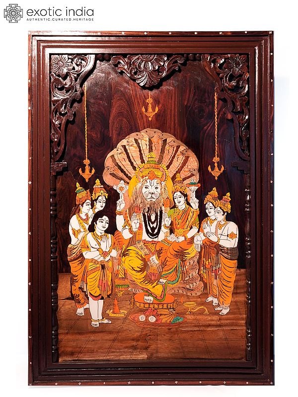 36" Lord Narasimha With Goddess Lakshmi | Natural Color On Wood Panel With Inlay Work
