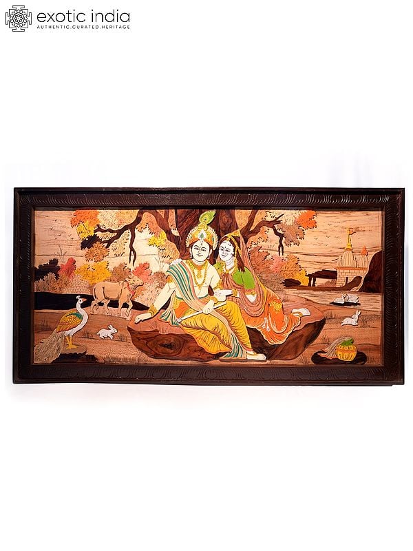 48" Divine Radha And Krishna In Vrindavan | Natural Color On 3D Wood Painting With Inlay Work