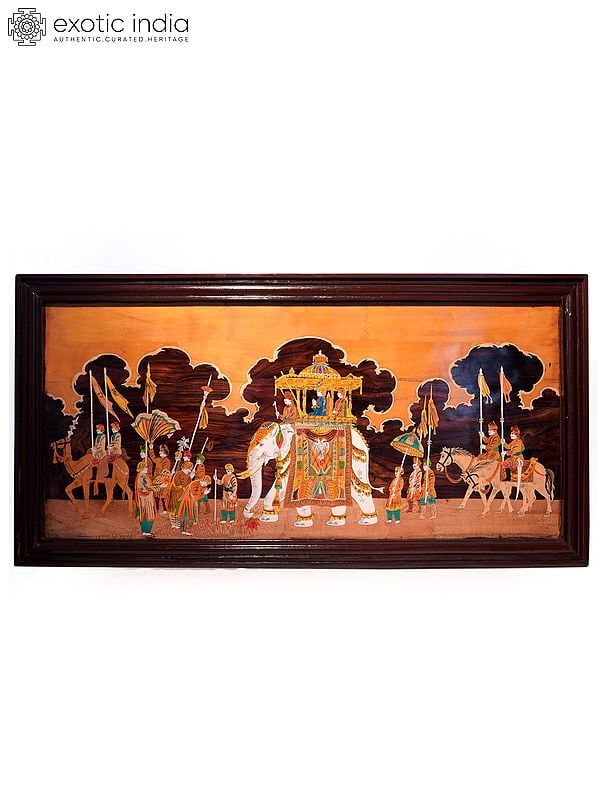 48" Royal Ride Of King On Elephant | Natural Color On Wood Panel With Inlay Work
