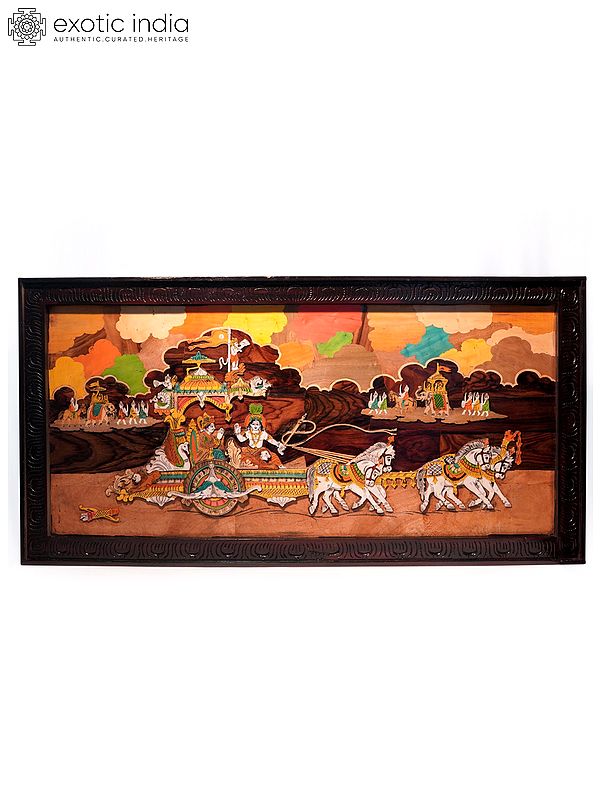 48" Geeta Updesh Wood Panel For Wall | Natural Color On 3D Wood Painting With Inlay Work