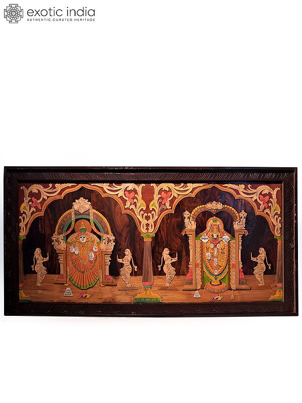 48" Beautiful Lord Balaji And Goddess Padmavati | Natural Color On 3D Wood Painting With Inlay Work