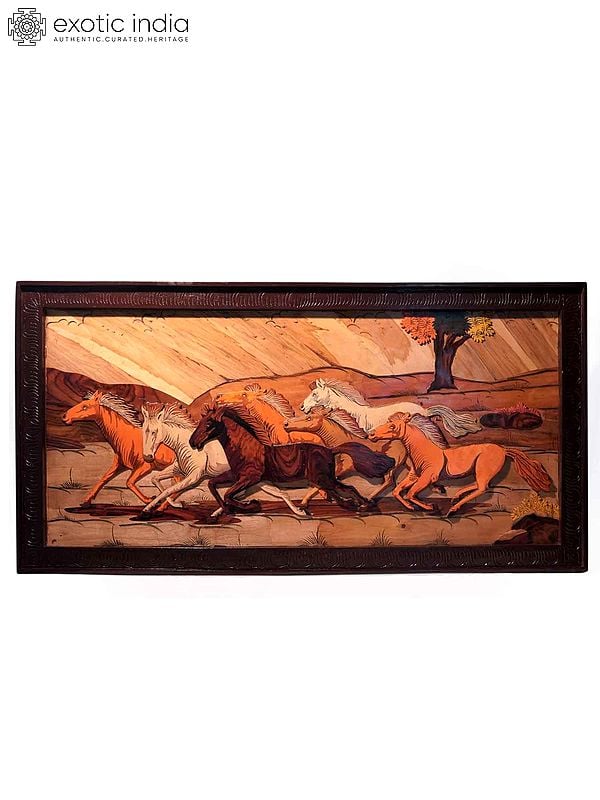 48" The Race Of Horses | Natural Color On 3D Wood Painting With Inlay Work