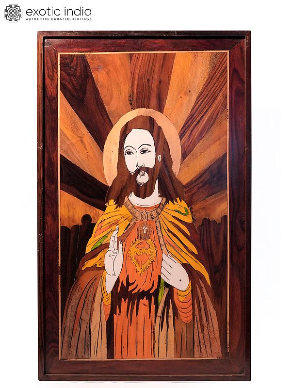 31" Beautiful Painting Of Jesus Christ | Natural Color On Wood Panel With Inlay Work