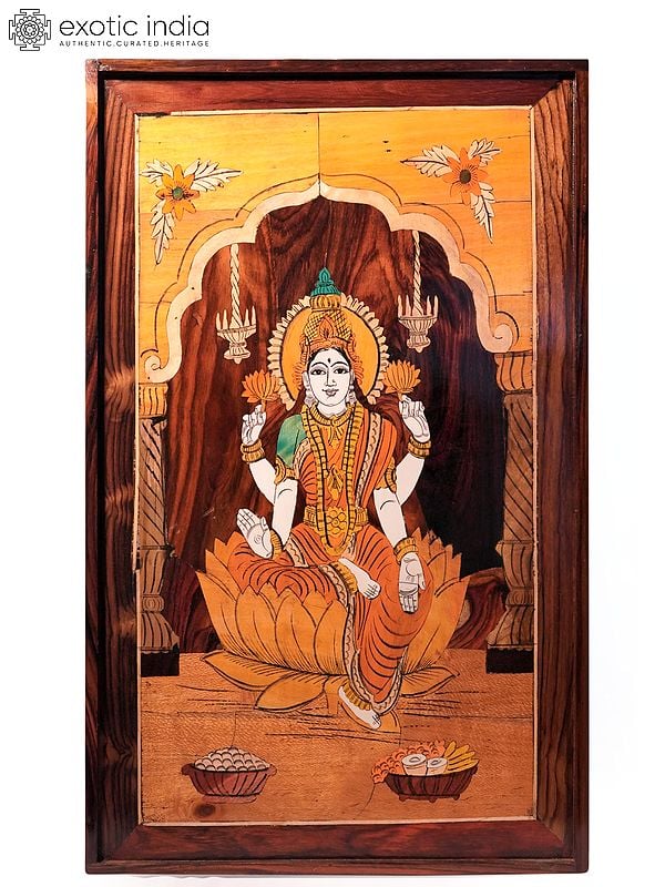 31" Goddess Lakshmi On Lotus | Natural Color On Wood Panel With Inlay Work