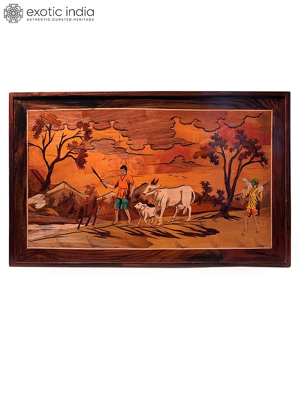 31" Farmer With Cows - Village Life | Natural Color On Wood Panel With Inlay Work