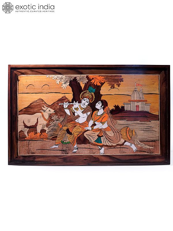 31" Sitting Radha And Krishna In Sunset | Natural Color On Wood Panel With Inlay Work