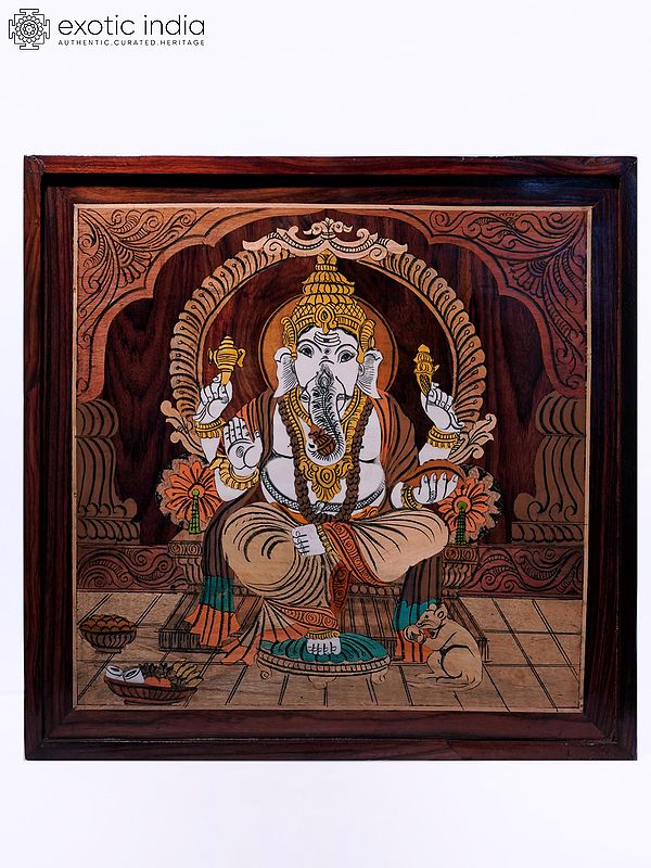 19" Beautiful Lord Ganesha On Throne | Natural Color On Wood Panel With Inlay Work