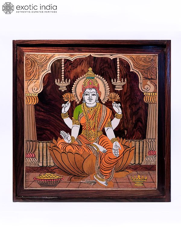 19" Prosperous Goddess Lakshmi | Natural Color On Wood Panel With Inlay Work