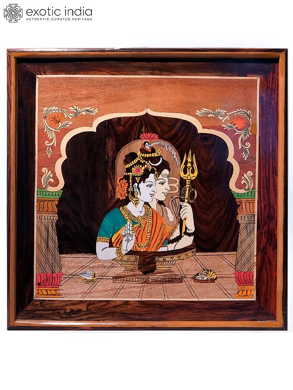 19" Divine Darshan Of Shiva And Parvati | Natural Color On Wood Panel With Inlay Work