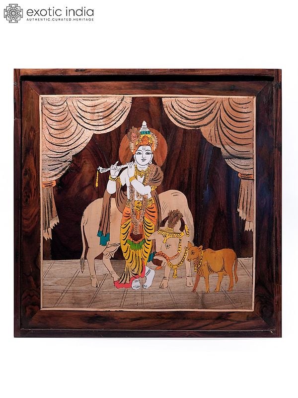 19" Lord Krishna With Cows | Natural Color On Wood Panel With Inlay Work