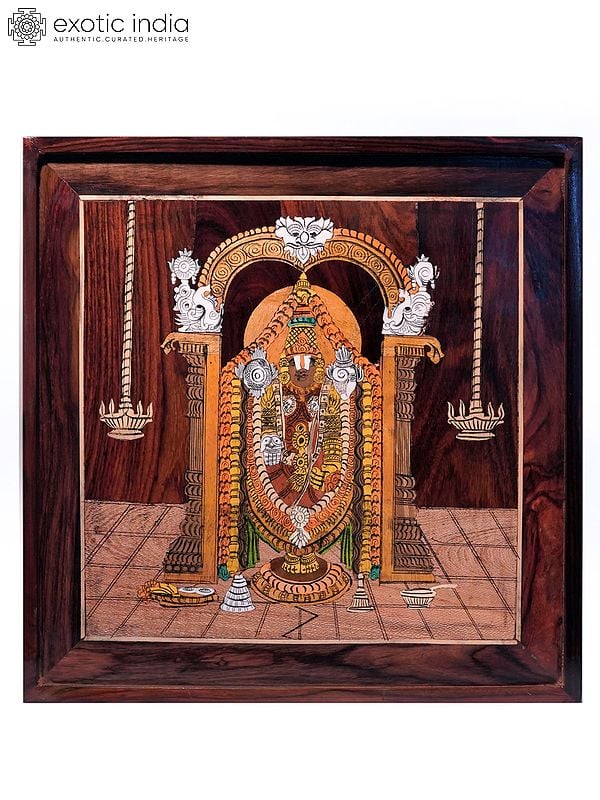 19" Attractive Tirupati Balaji Painting | Natural Color On Wood Panel With Inlay Work