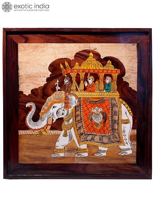 19" King On Royal Elephant With Sarthi | Natural Color On Wood Panel With Inlay Work
